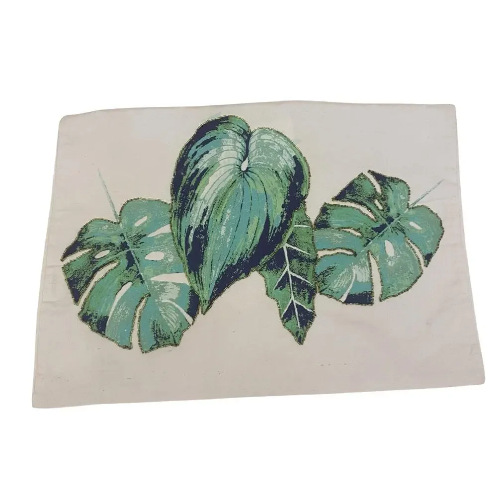Set of TWO Tropical Monstera Leaf Beaded Throw Pillow Covers 19x13 with Zipper